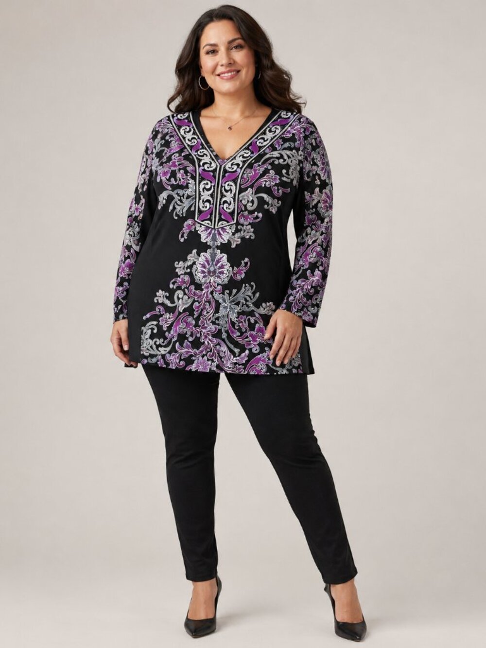 JM Collection Woman 2X Black Purple Scroll Print Tunic Top Long Sleeve V-Neck Pl